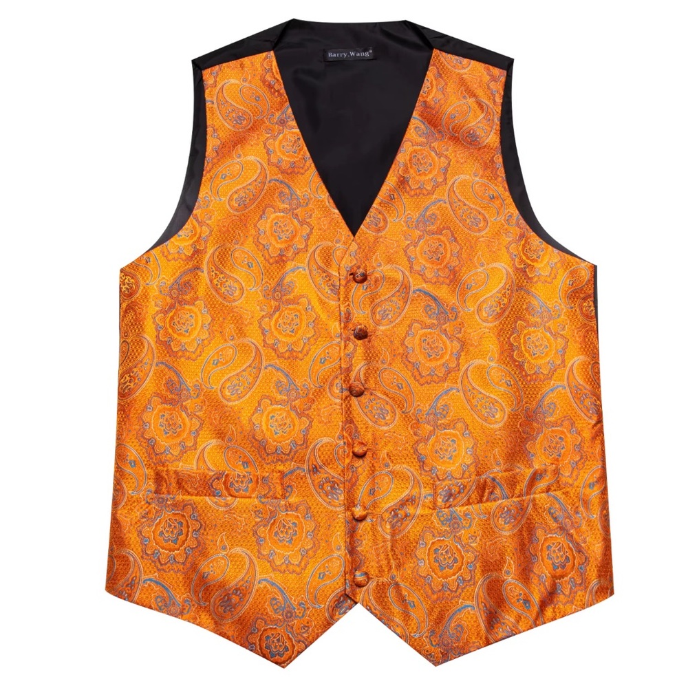 BARRY WANG size XL Orange Paisley Vest with pocket handkerchief & cufflinks NWT